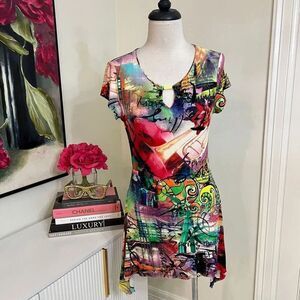 Linea Domani Womens Graphic Keyhole Neck Short Sleeve Tunic Top Multicolor Small